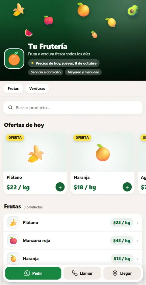 Lista de precios de muestra de una frutería en un celular