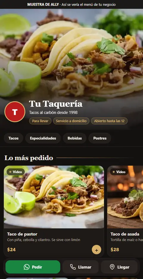 Menú premium de muestra de una taquería en un celular