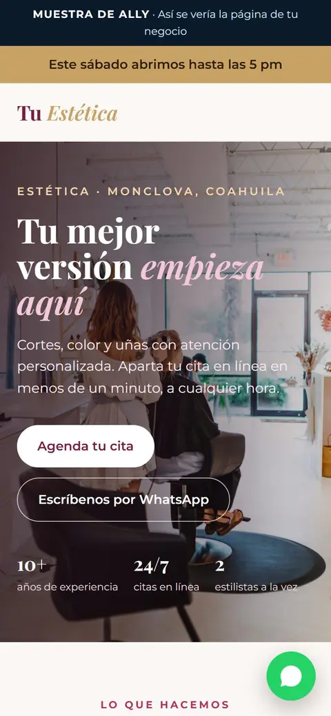 Sample hair salon website on a phone